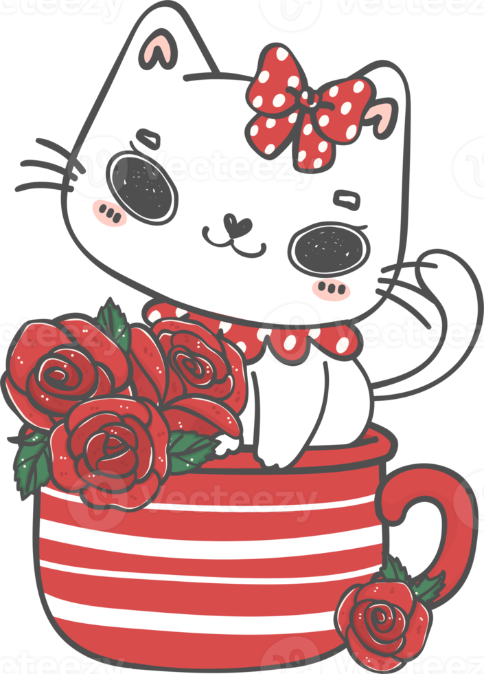 kawaii gelukkig Valentijn wit katje kat in mok met roos bloemen tekenfilm tekening png