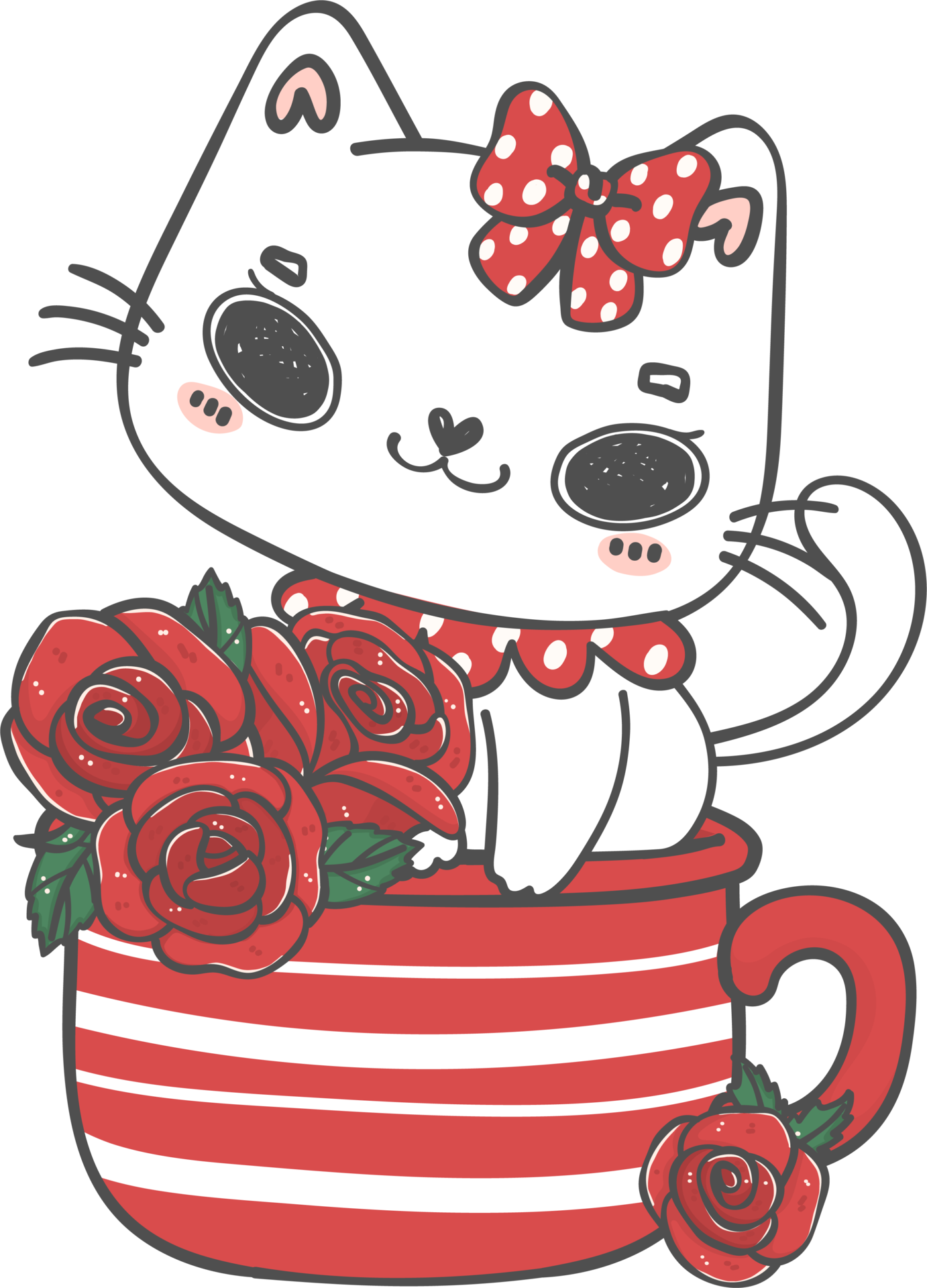 kawaii happy Valentine white kitten cat in mug with rose flowers