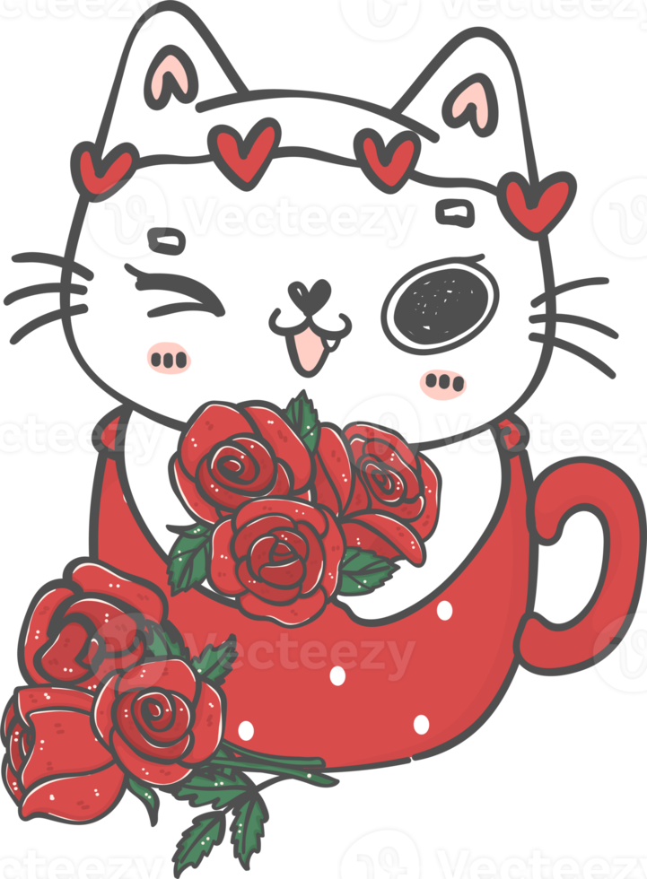 kawaii happy Valentine white kitten cat in mug with rose flowers