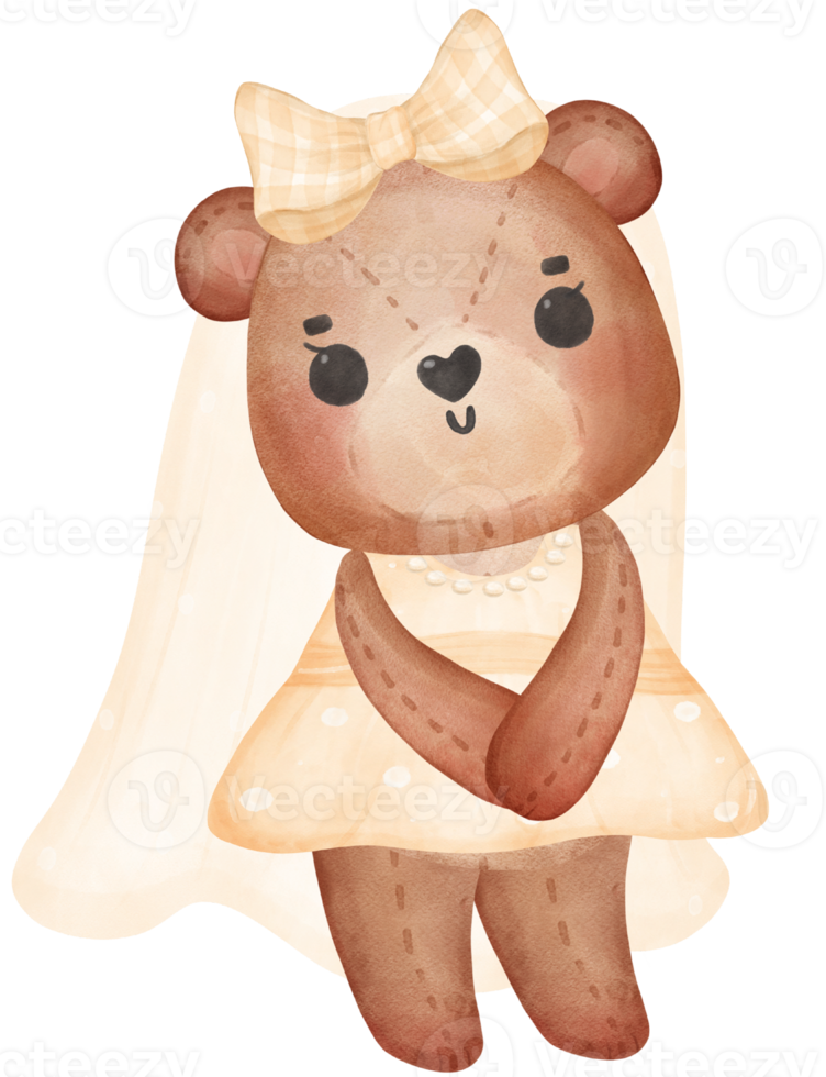 Cute sweet wedding bride teddy bear lady cartoon character watercolour png