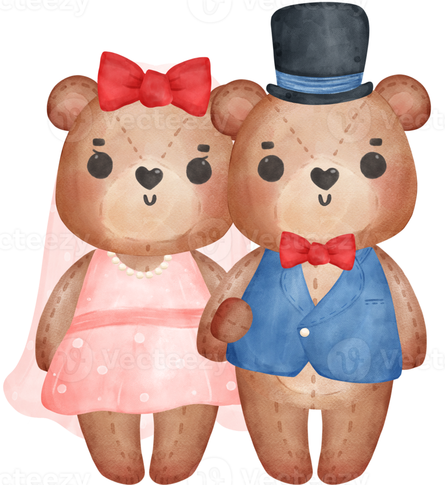 mignon doux mariage amour mariée et le marié ours en peluche personnage de dessin animé aquarelle png