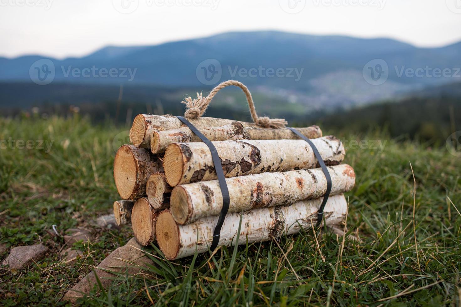 leña de otoño preparada para fogatas en las montañas de los cárpatos en ucrania. leña cortada para la chimenea. foto