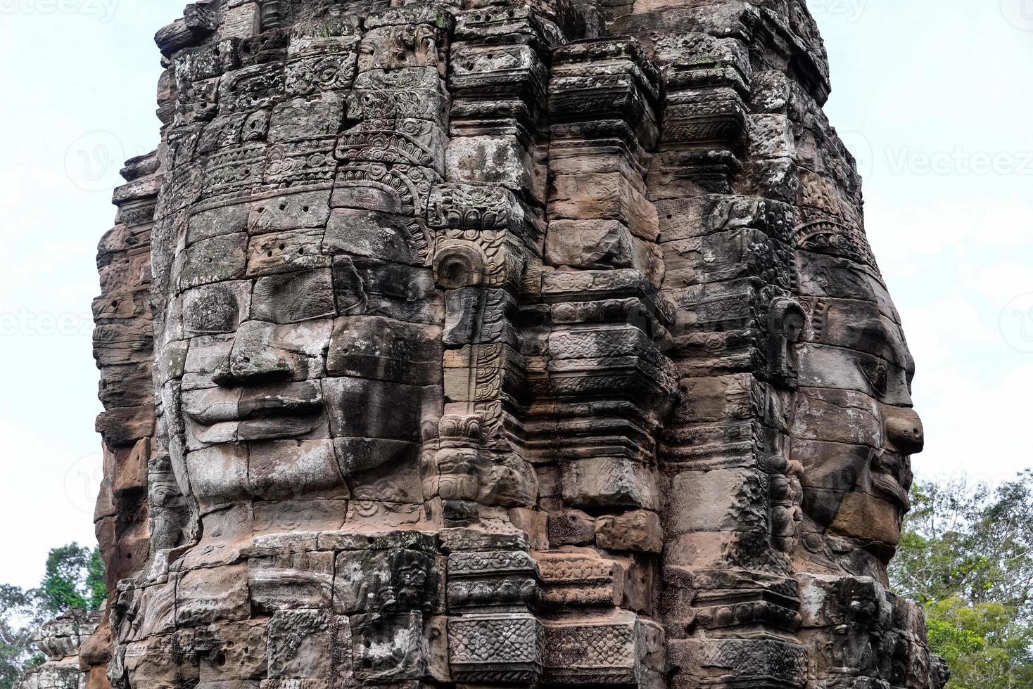 Prasat Bayon with smiling stone faces is the central temple of Angkor Thom Complex, Siem Reap, Cambodia. Ancient Khmer architecture and famous Cambodian landmark, World Heritage. photo