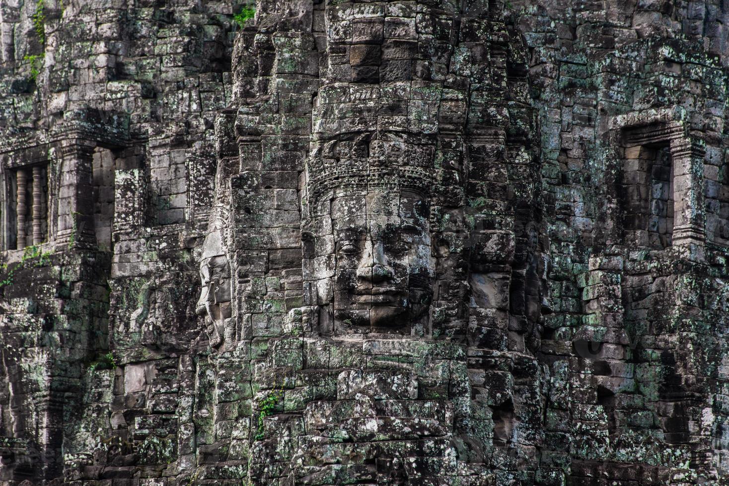 Prasat Bayon with smiling stone faces is the central temple of Angkor Thom Complex, Siem Reap, Cambodia. Ancient Khmer architecture and famous Cambodian landmark, World Heritage. photo