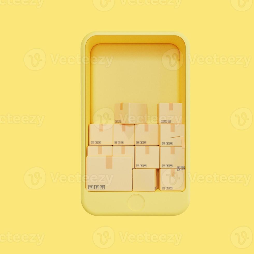Cardboard box sticking out of the phone screen. Warehouse concept. 3d rendering photo