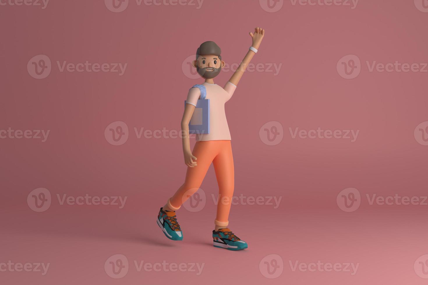 Casual brown haired boy wearing tote bag waving hands.3d rendering photo