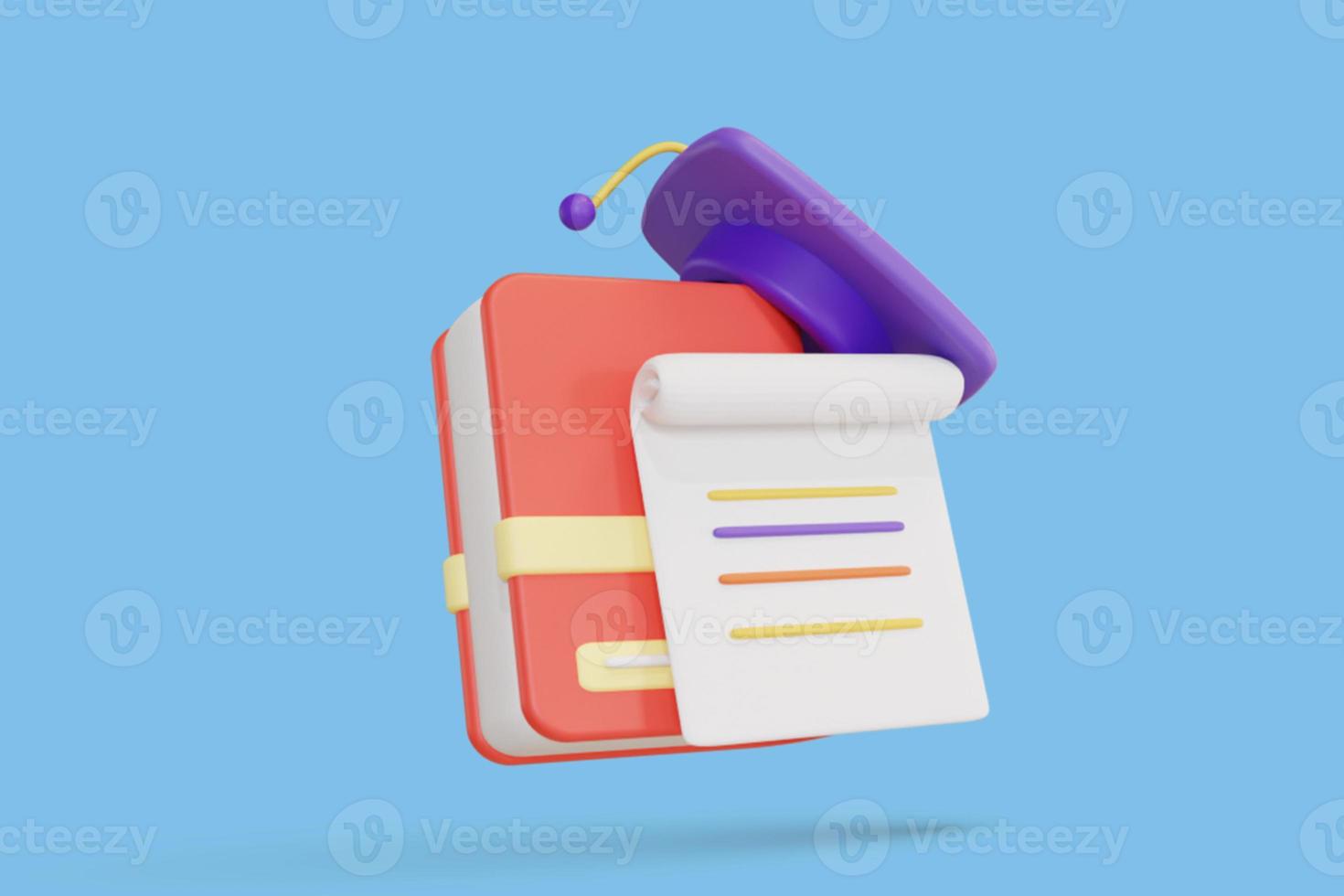 Icon for online education concept. Book with graduation hat on blue background. 3d rendering photo
