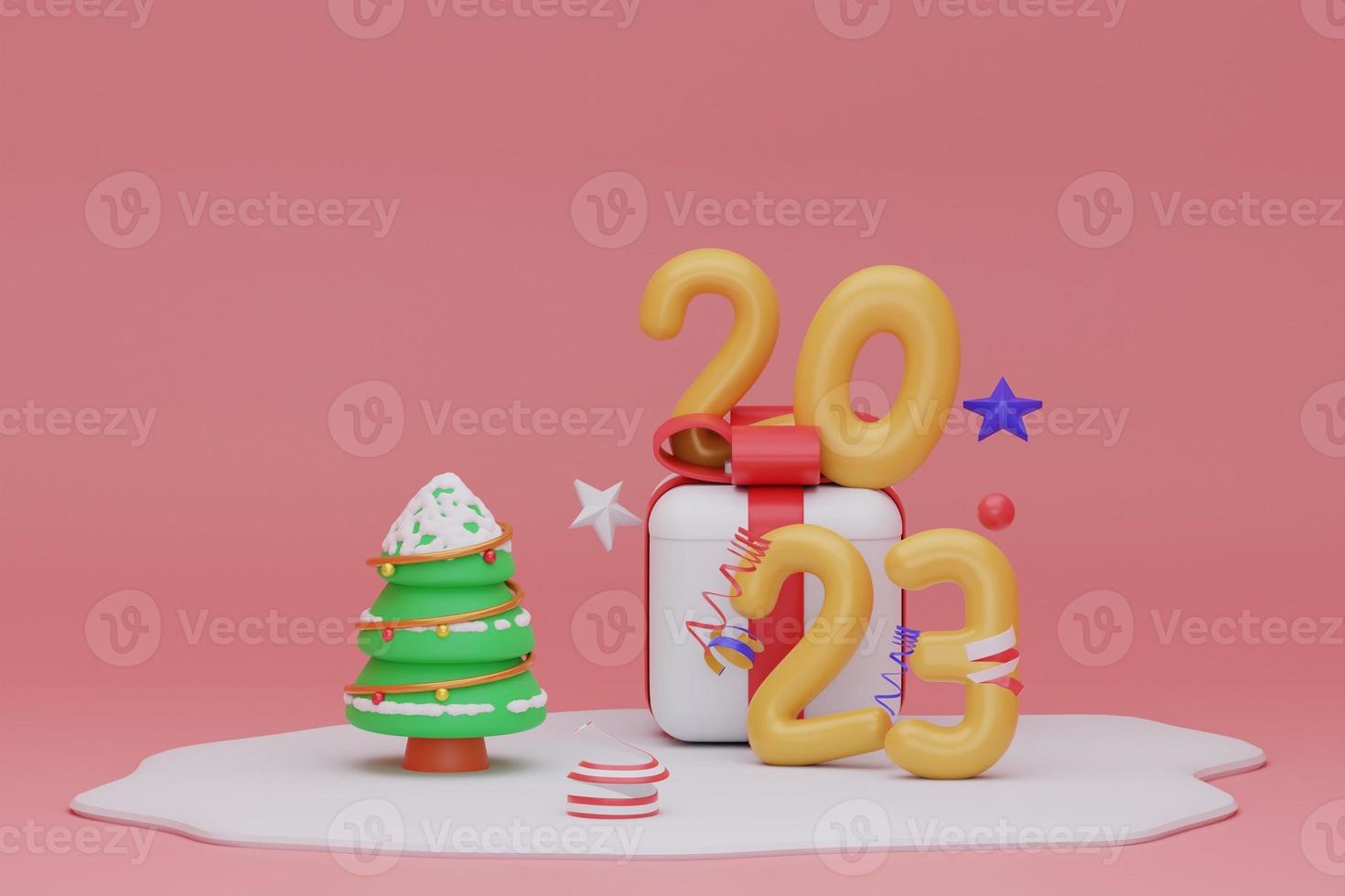 Happy New Year tree and Yellow number sign 2023. Merry Christma festive. 3d rendering photo