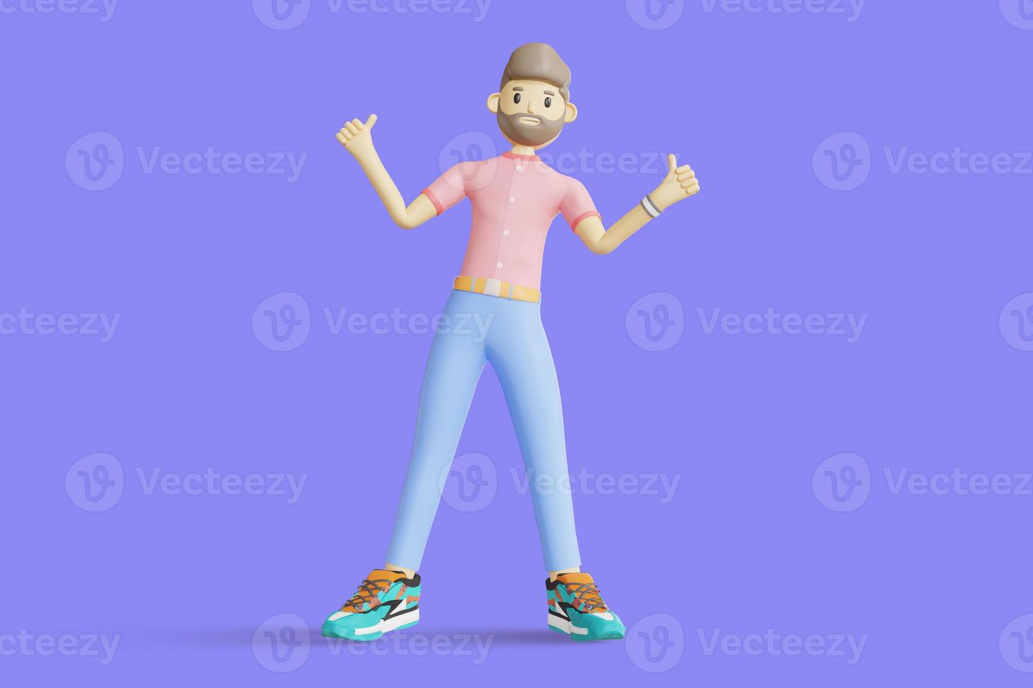 Portrait of smiling cute brunette man wearing pink t-shirt doing welcome gesture inviting new customers. Minimal stylish art style. 3d rendering photo