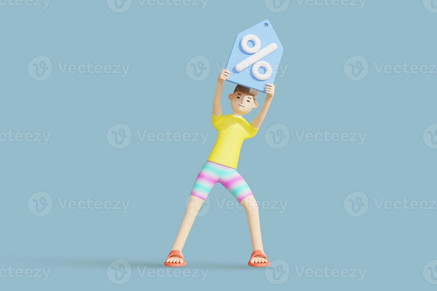 3d illustration summer man hold discount tag. 3d rendering photo