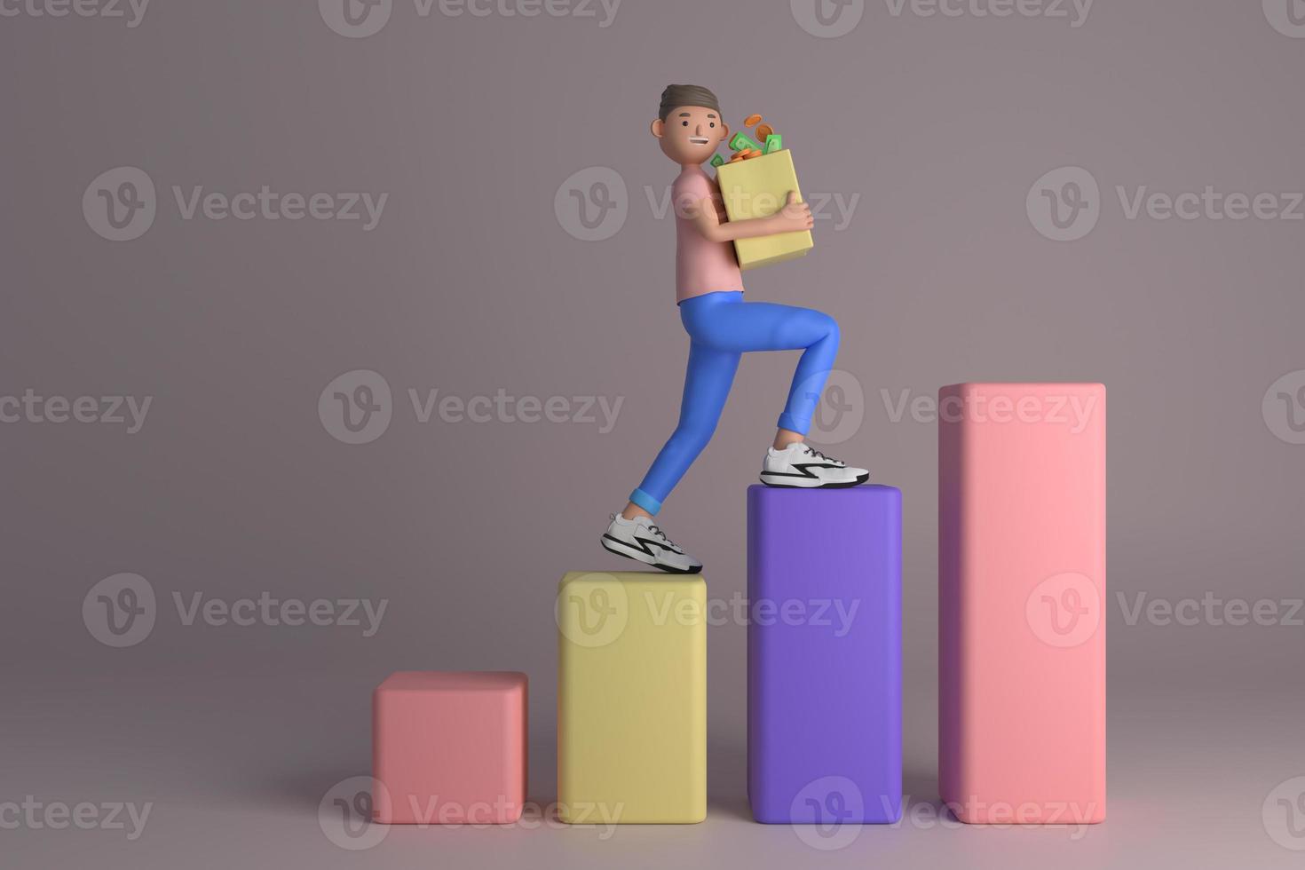 Casual brown haired boy walking on box chart carrying money. 3d rendering photo