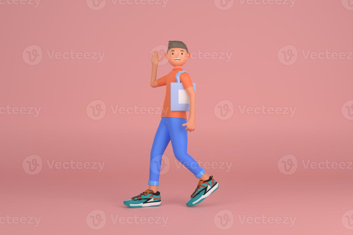 Casual brown haired boy wearing tote bag waving hands.3d rendering photo