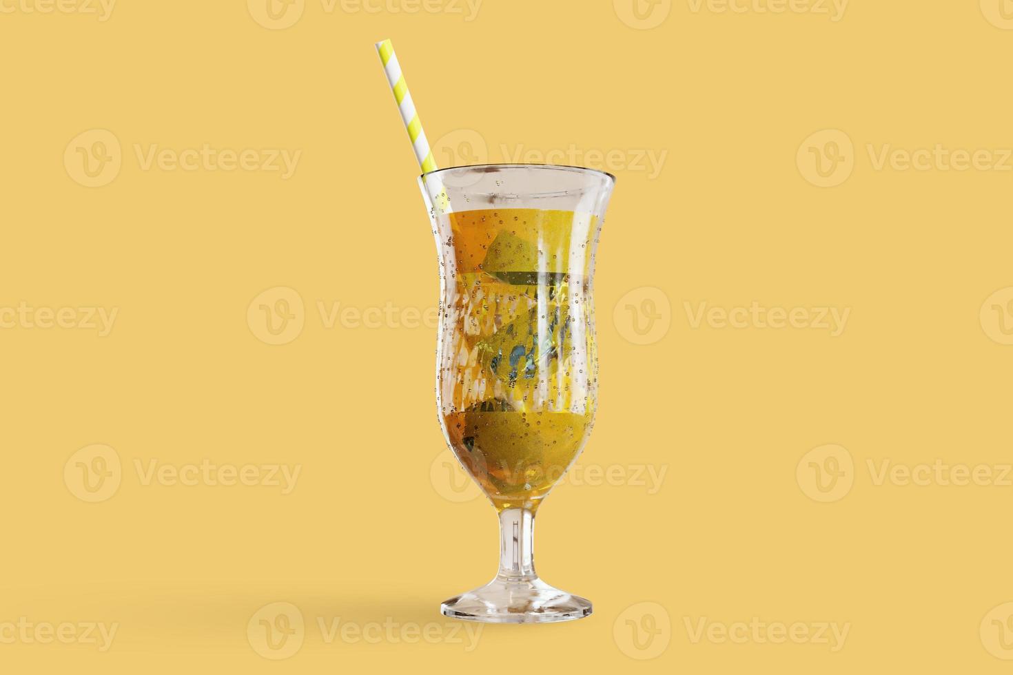 Realistic glass full of orange juice drink with ice. 3d rendering photo