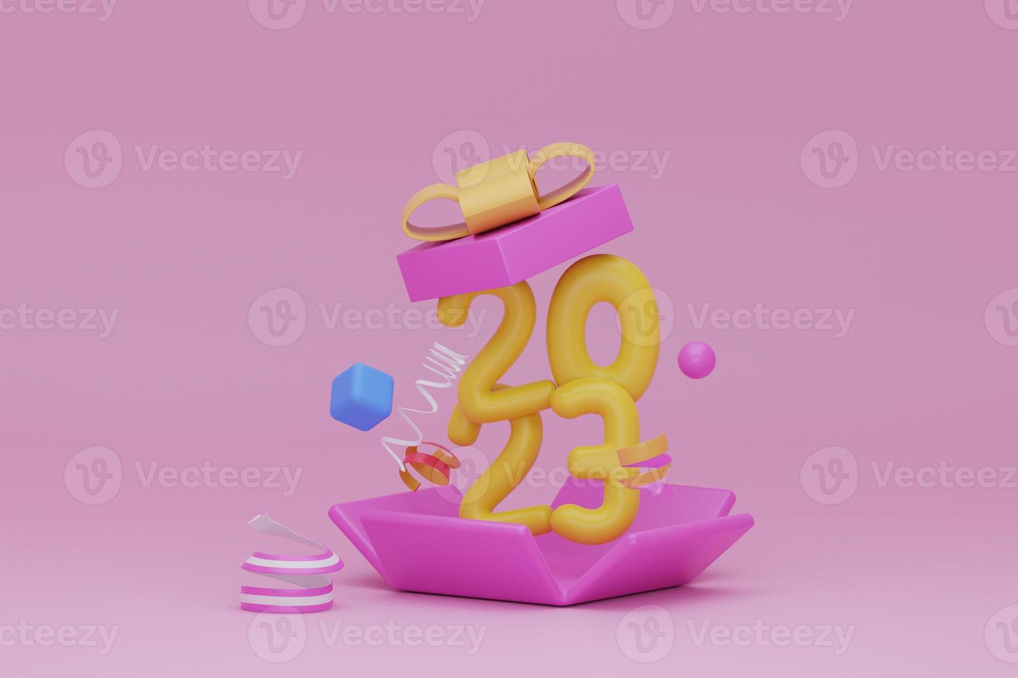 Happy New Year Yellow number sign 2023. Merry Christma festive open gifts box. 3d rendering photo
