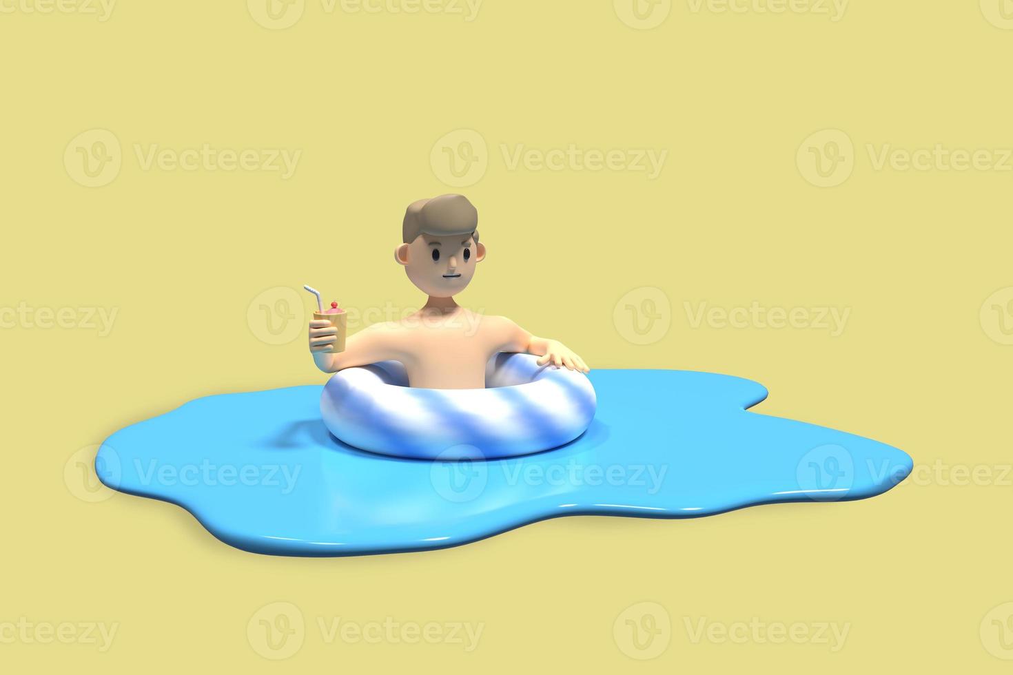 man relaxing on a float and drinking juice. 3d rendering photo