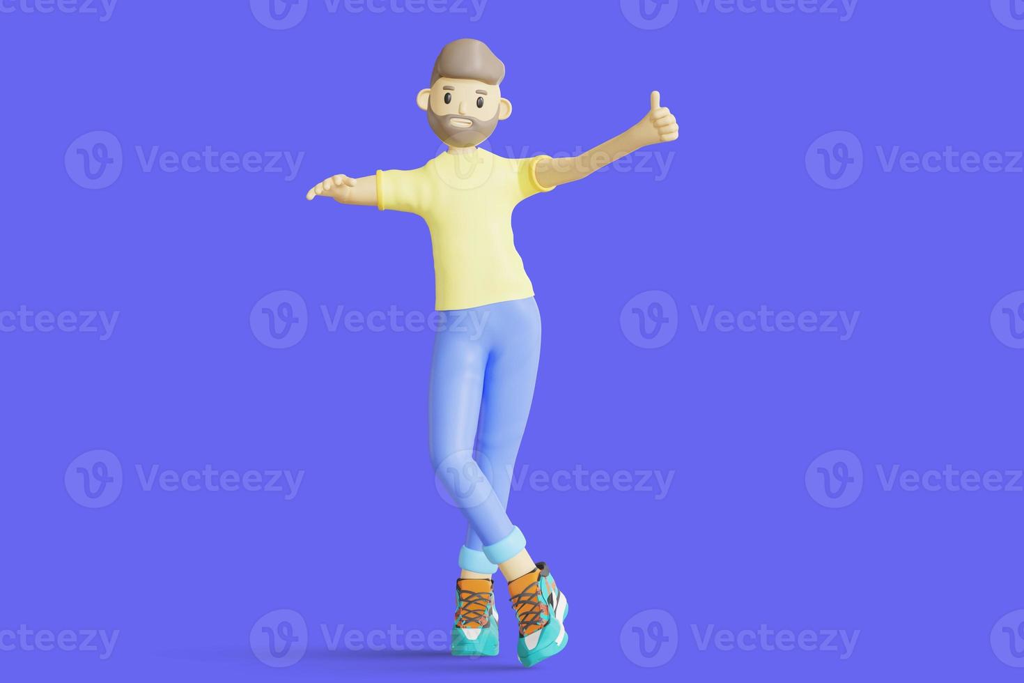Portrait of smiling cute brunette man wearing yellow t-shirt doing one hand raising gesture and giving thumbs up. Minimal stylish art style. 3d rendering photo