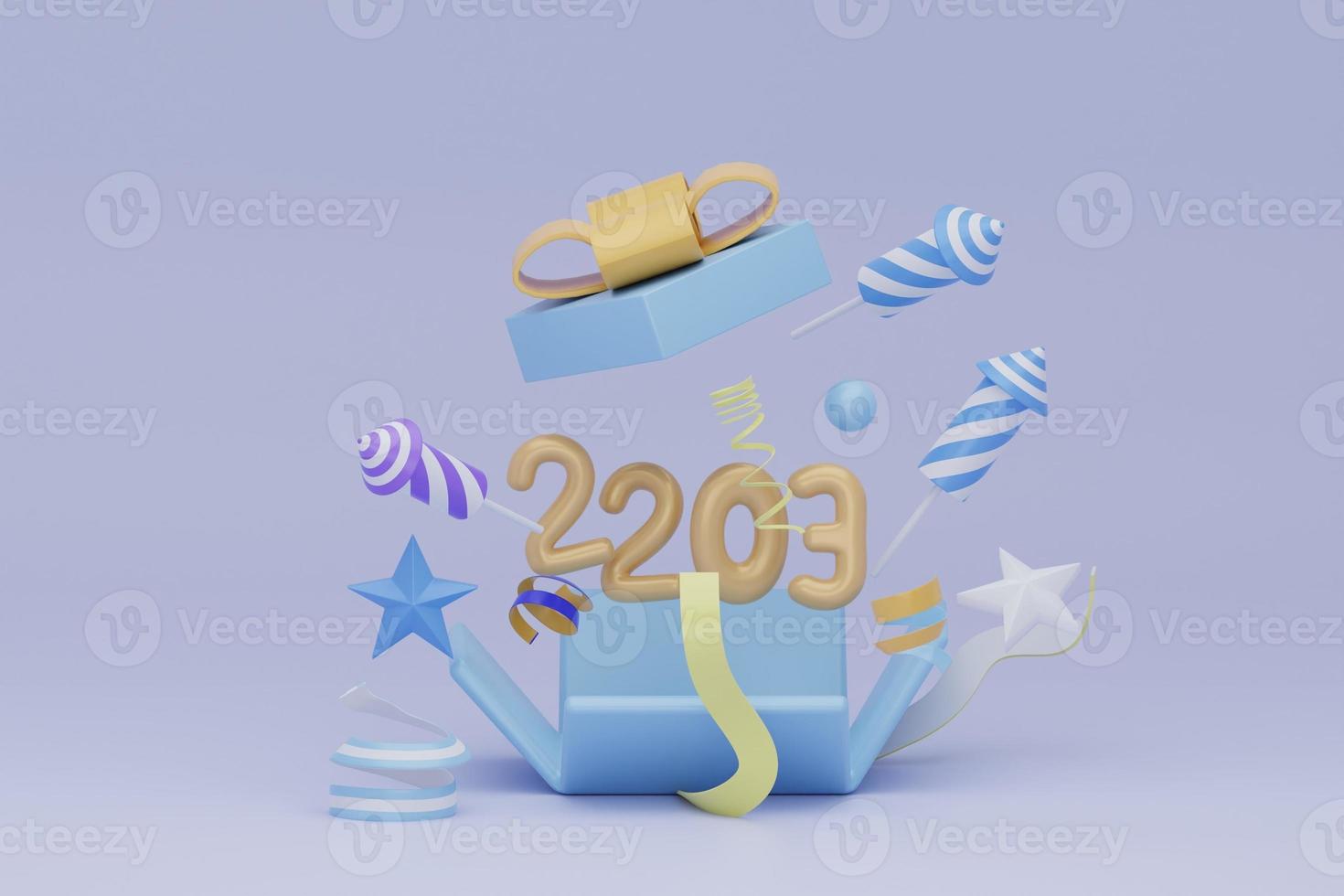 Happy New Year Yellow number sign 2023. Merry Christma festive open gifts box. 3d rendering photo