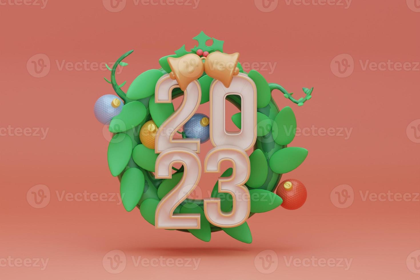 Happy New Year bouqet and gray number sign 2023. Merry Christma festive bouqet. 3d rendering photo