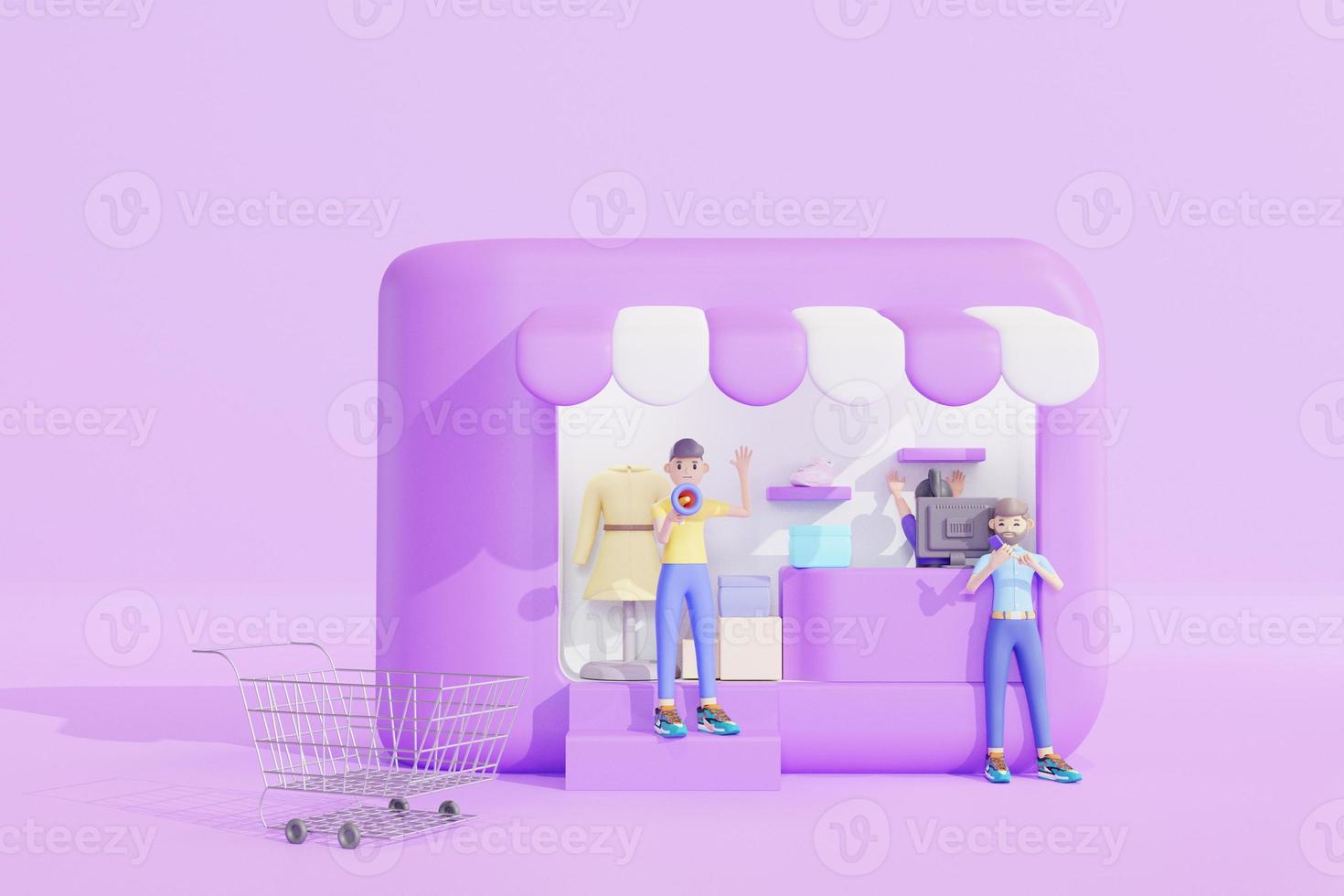 Compra en línea. tienda en línea en sitio web o aplicación móvil. concepto de tienda de marketing digital. fondo de renderizado 3d. foto