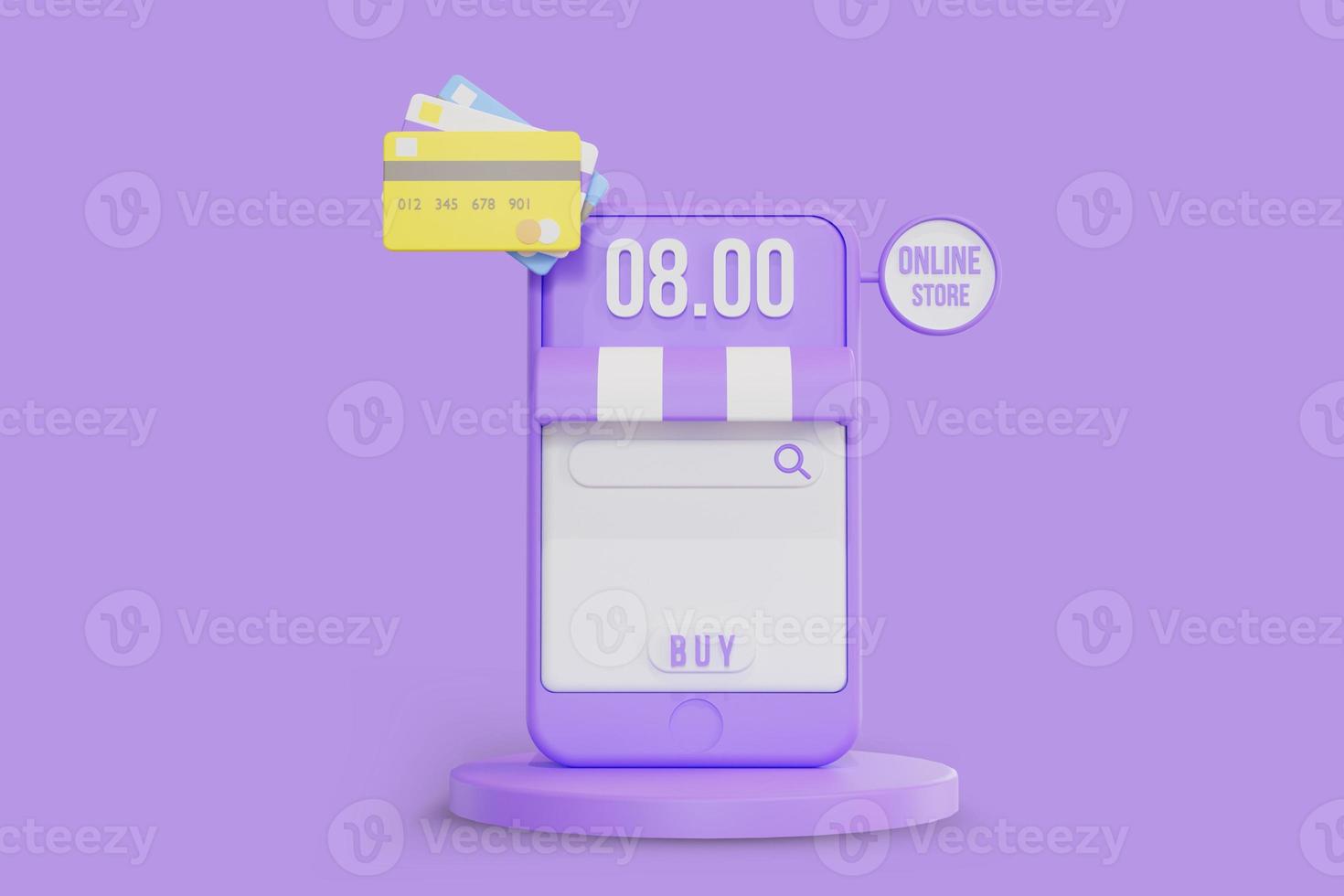 online shopping on social media app. 3d Smartphone with credit card. 3d rendering photo