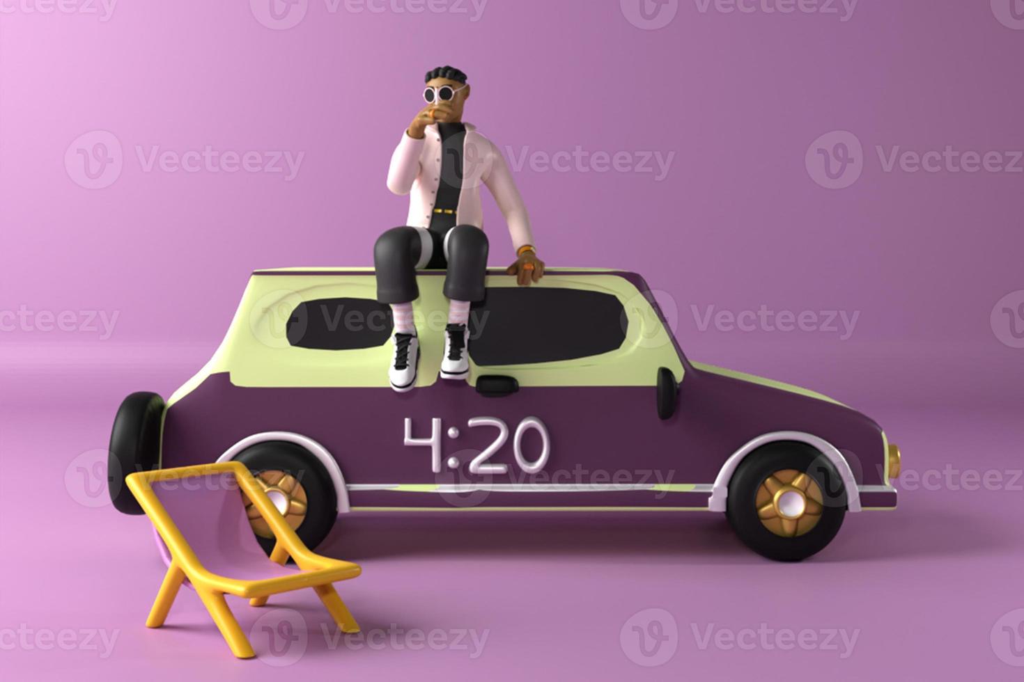 Wano with clasic car. 3d rendering photo