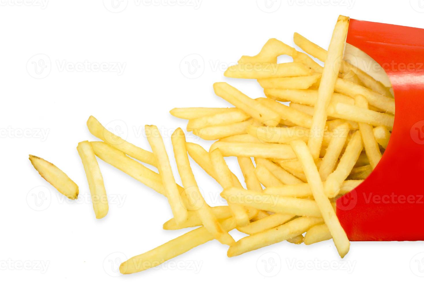Top view of french fries from fast food restaurant falling disrupted isolate on white background and make with paths. photo