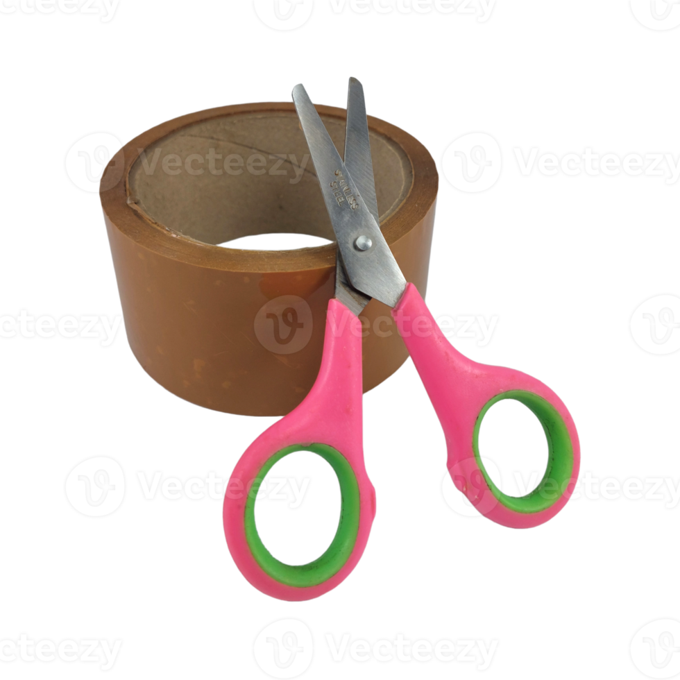 pink scissors and brown duct tape with transparent background png