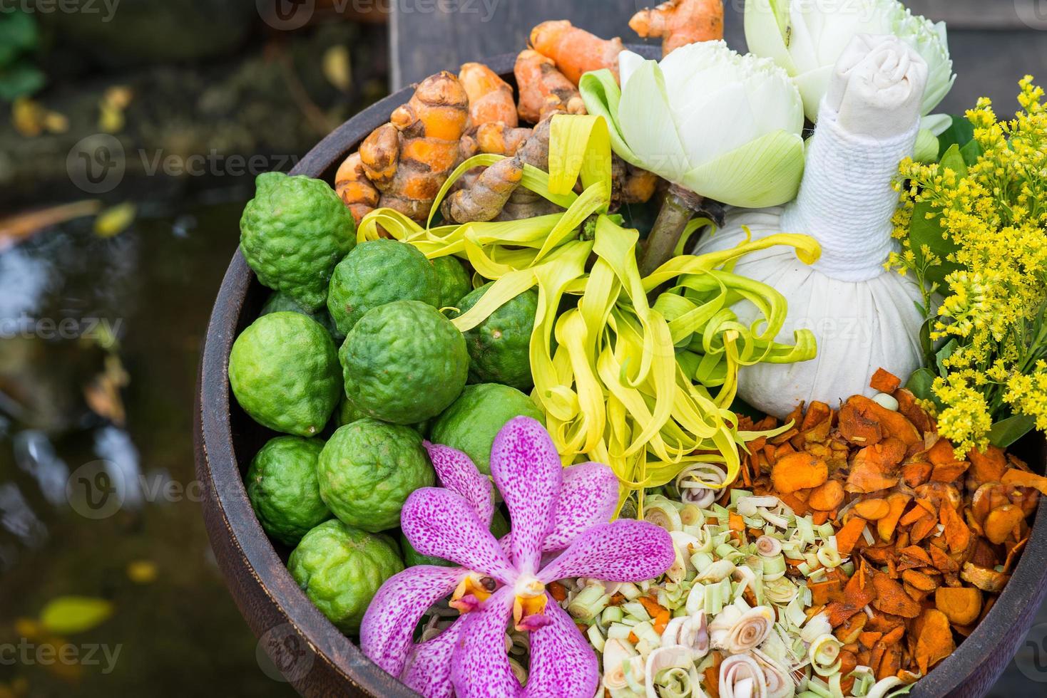 Thai traditional Herbal balls and herbs photo