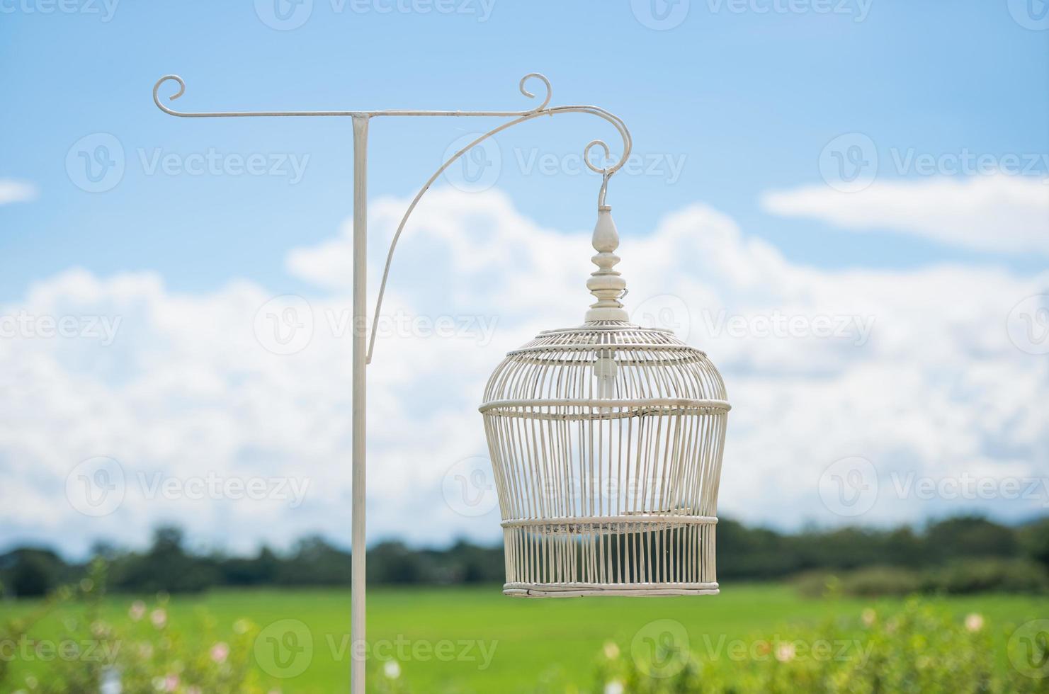 White bird cage as Lamp against blue sky photo