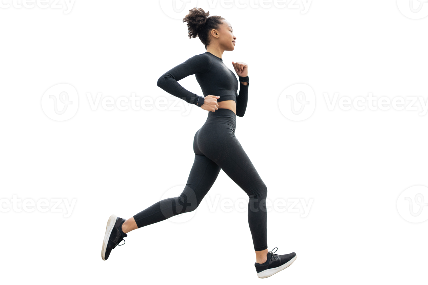 A female runner is running fitness training in a tight-fitting tracksuit. png