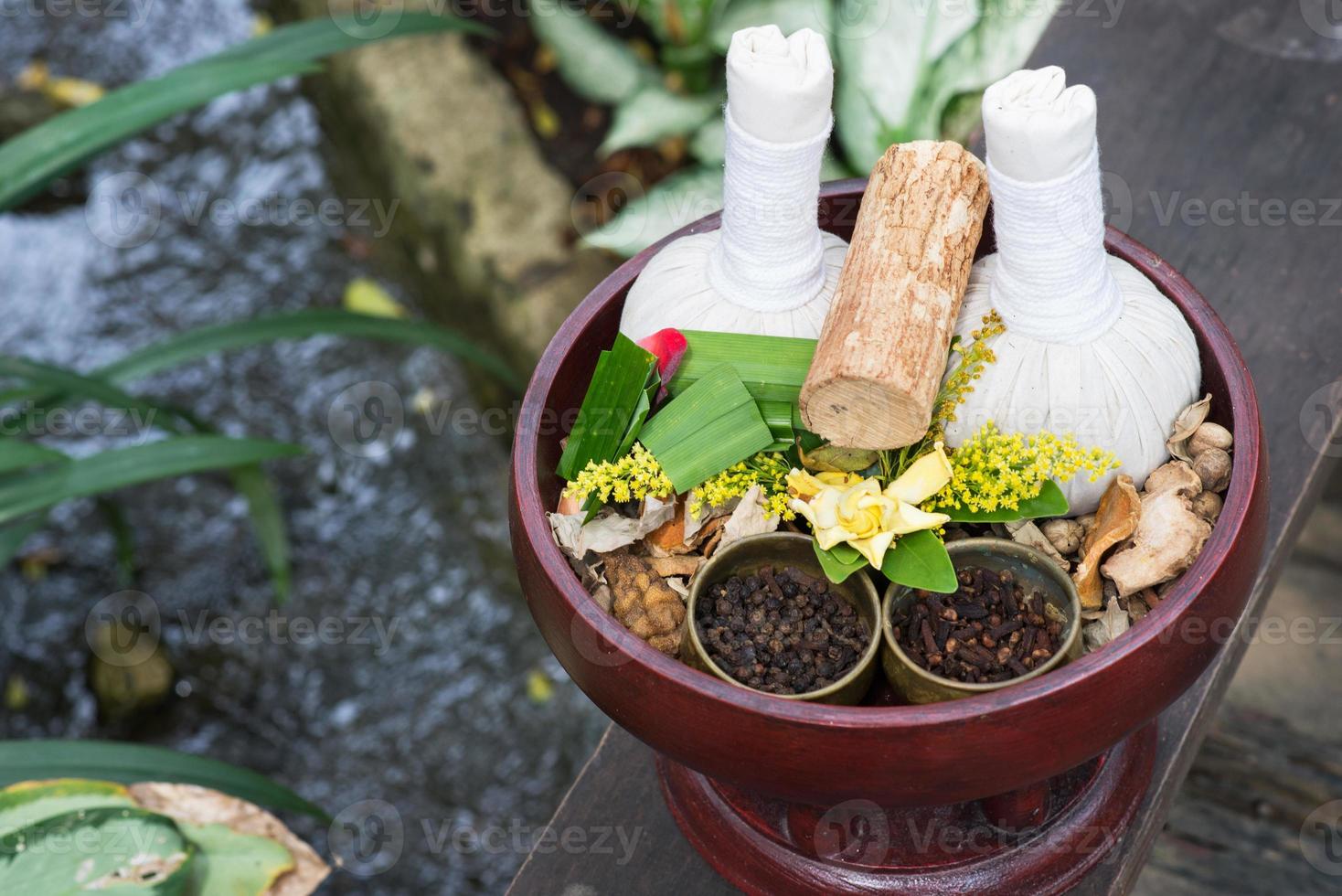 Thai traditional Herbal balls and herbs photo