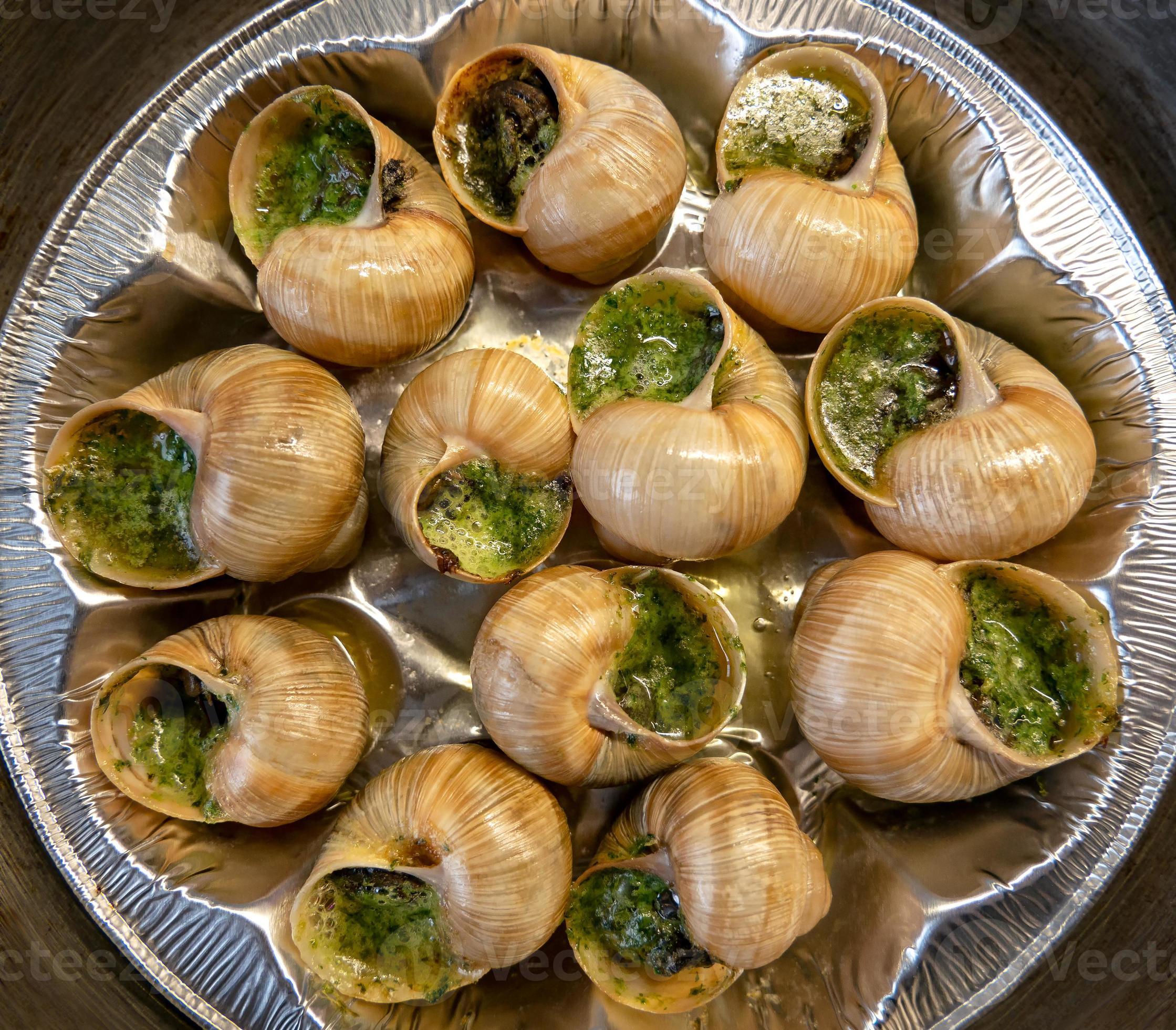 Escargots de Bourgogne snails stuffed with herbs and oil. An exquisite