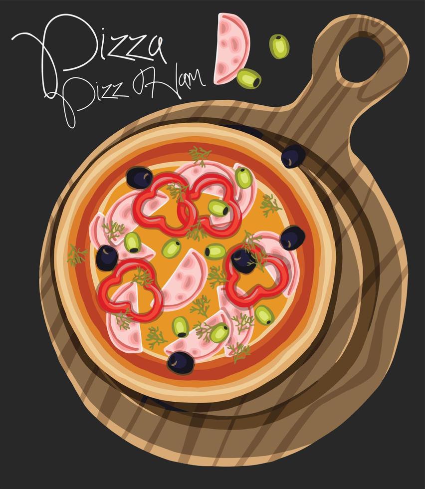 hand drawn pizza on cutting board. Vector