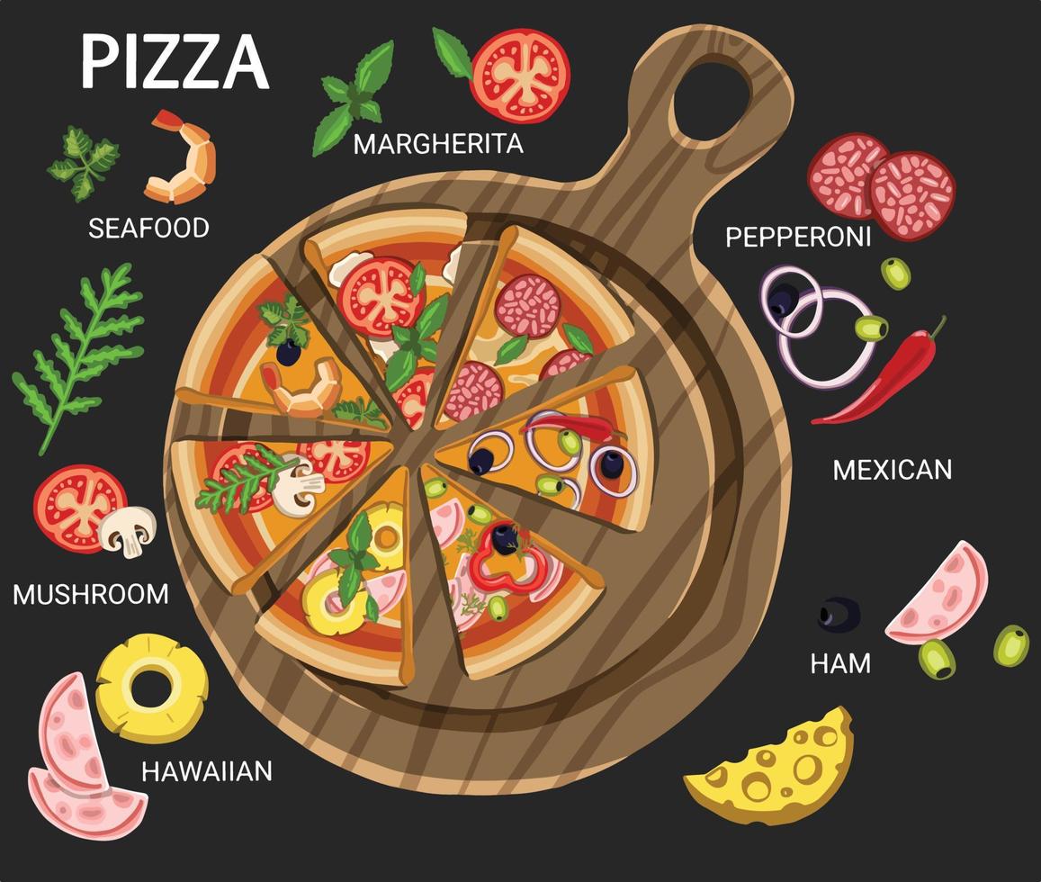 Set of pizzas with various fillings. illustration. Vector illustration