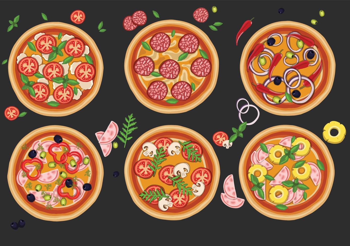 Set of pizzas with various fillings. illustration. Vector