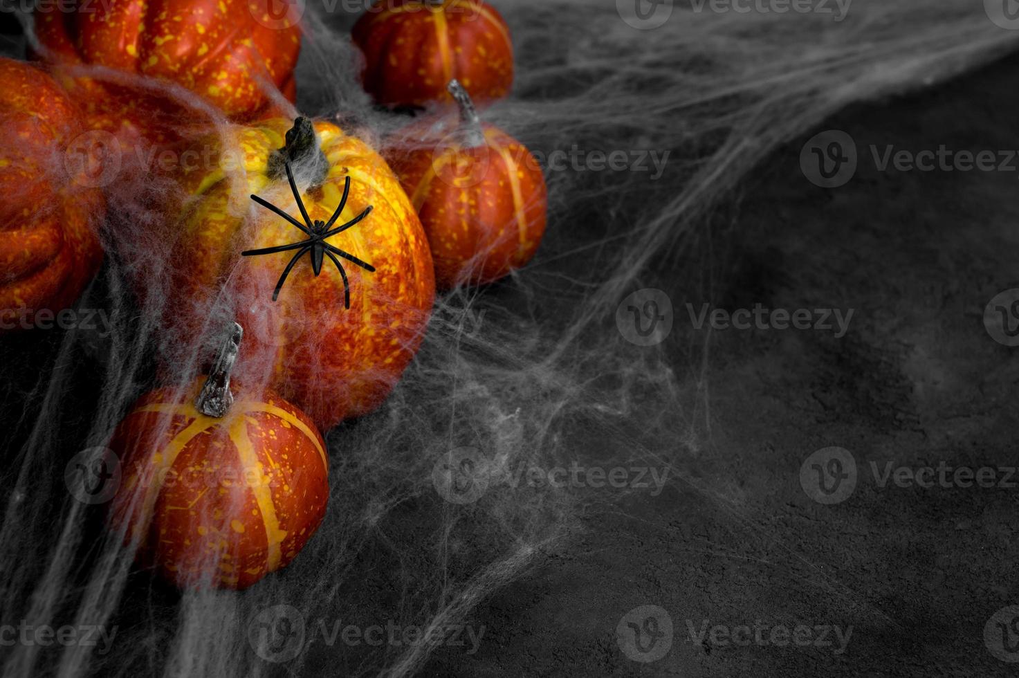 Halloween banner in black and orange with place for text. Pumpkins decorated with web and spiders.Top side view photo