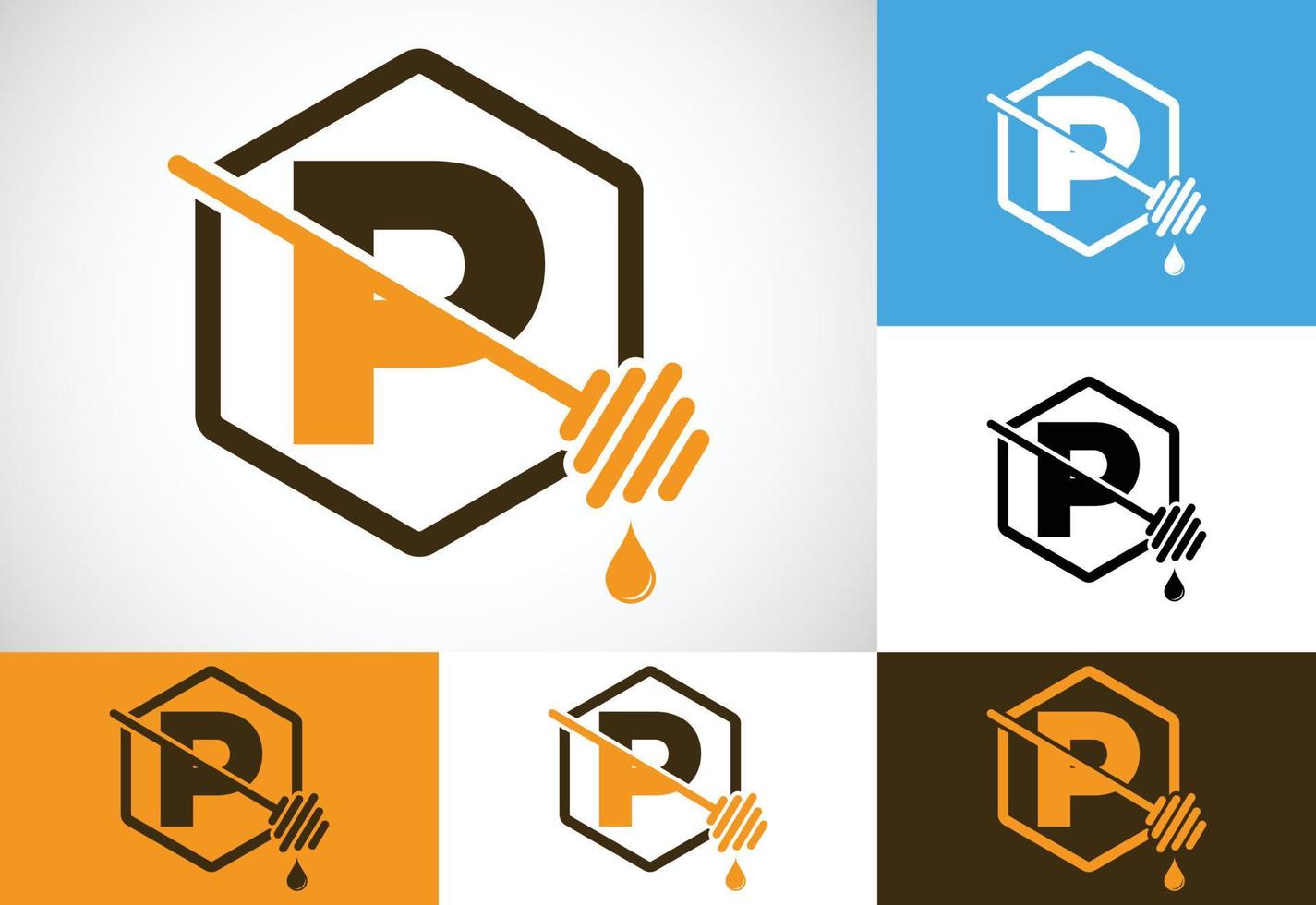 Initial letter P with honeycomb bees logo design vector illustration. Honey logo font emblem