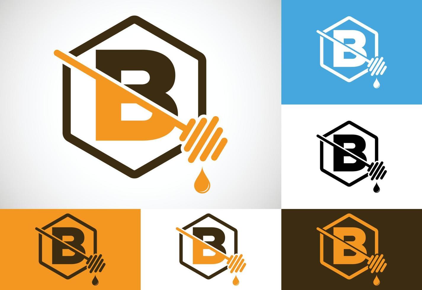 Initial letter B with honeycomb bees logo design vector illustration. Honey logo font emblem