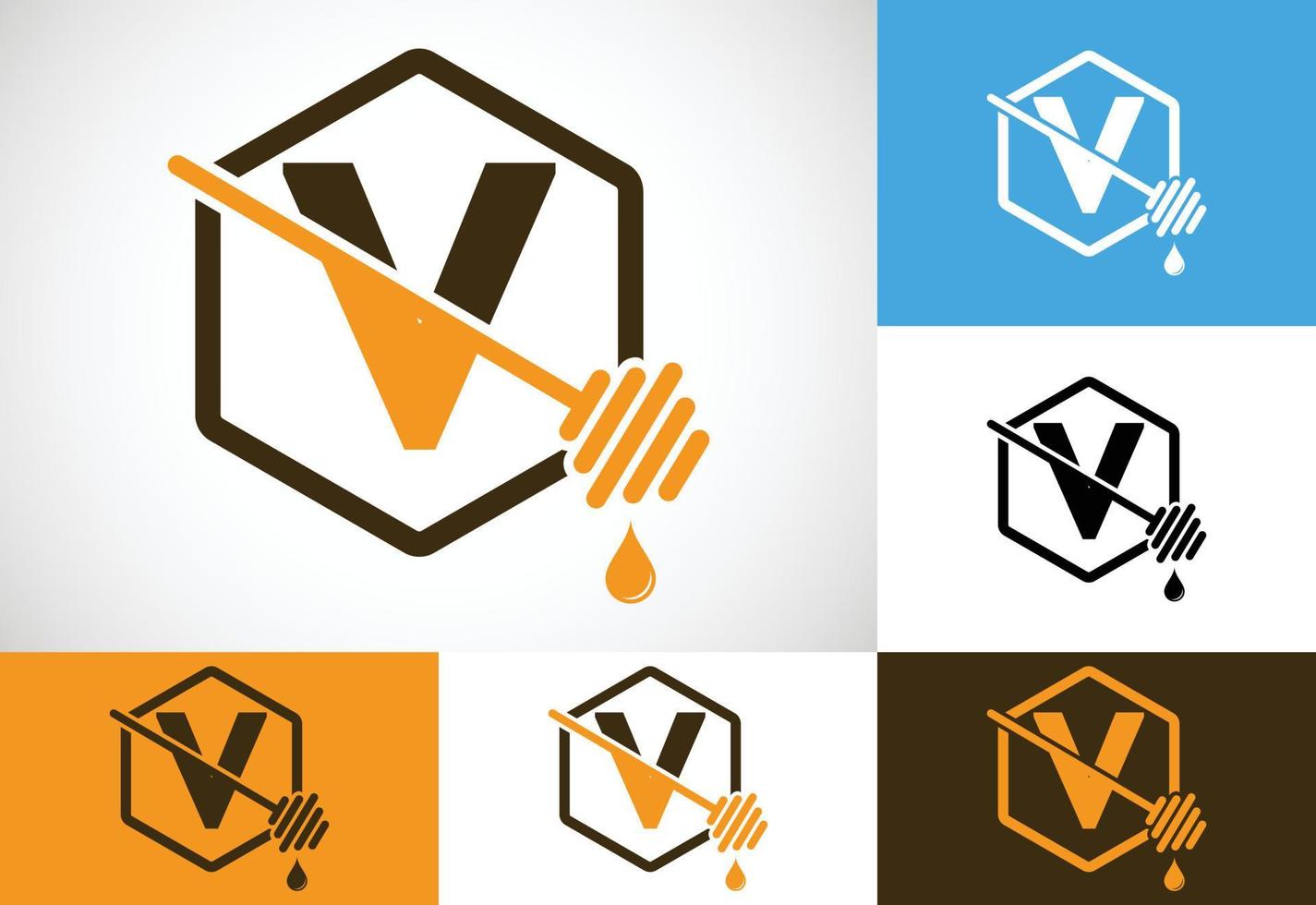 letra inicial v con ilustración de vector de diseño de logotipo de abejas de panal. emblema de fuente de logotipo de miel