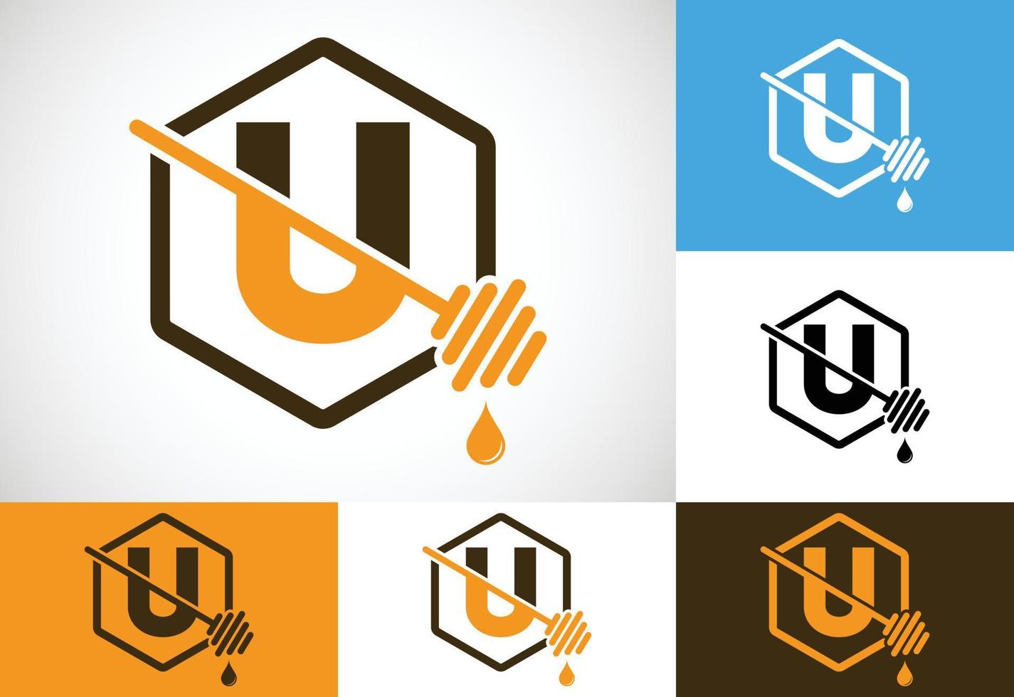 Initial letter U with honeycomb bees logo design vector illustration. Honey logo font emblem