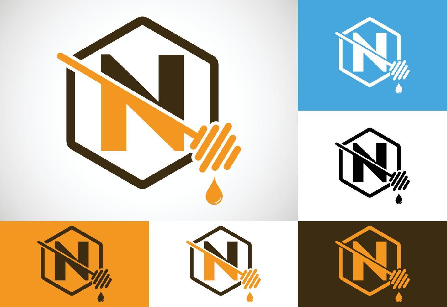 Initial letter N with honeycomb bees logo design vector illustration. Honey logo font emblem