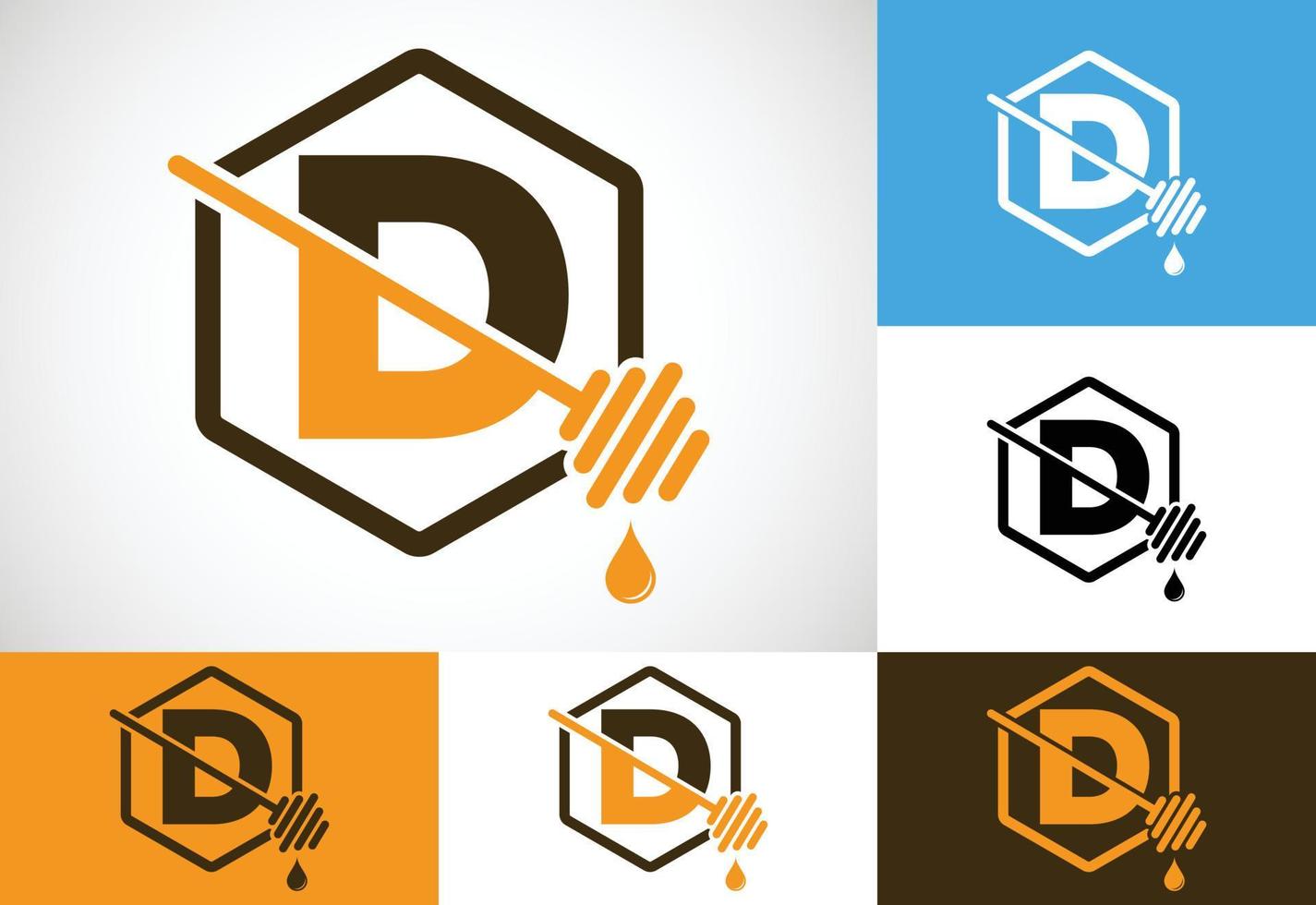 Initial letter D with honeycomb bees logo design vector illustration. Honey logo font emblem