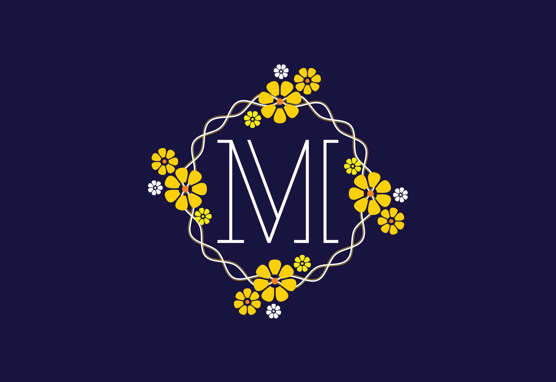 Floral monogram letter M. Initial alphabet with botanical elements