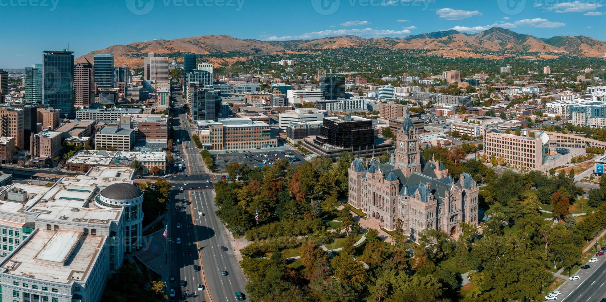 Aerial panoramic view of the Salt Lake City skyline Utah photo