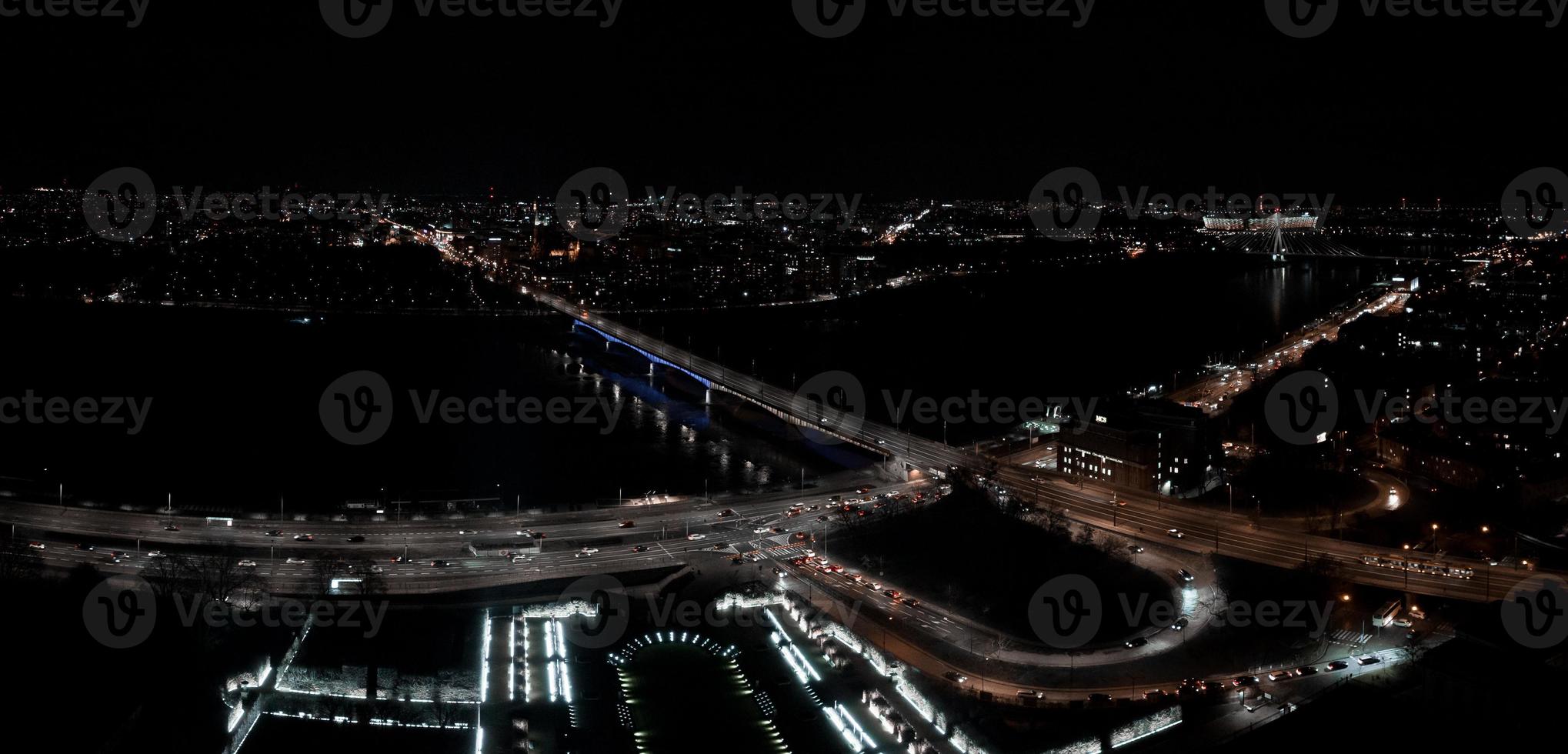 Aerial night view of the downtown of Warsaw, Poland. photo