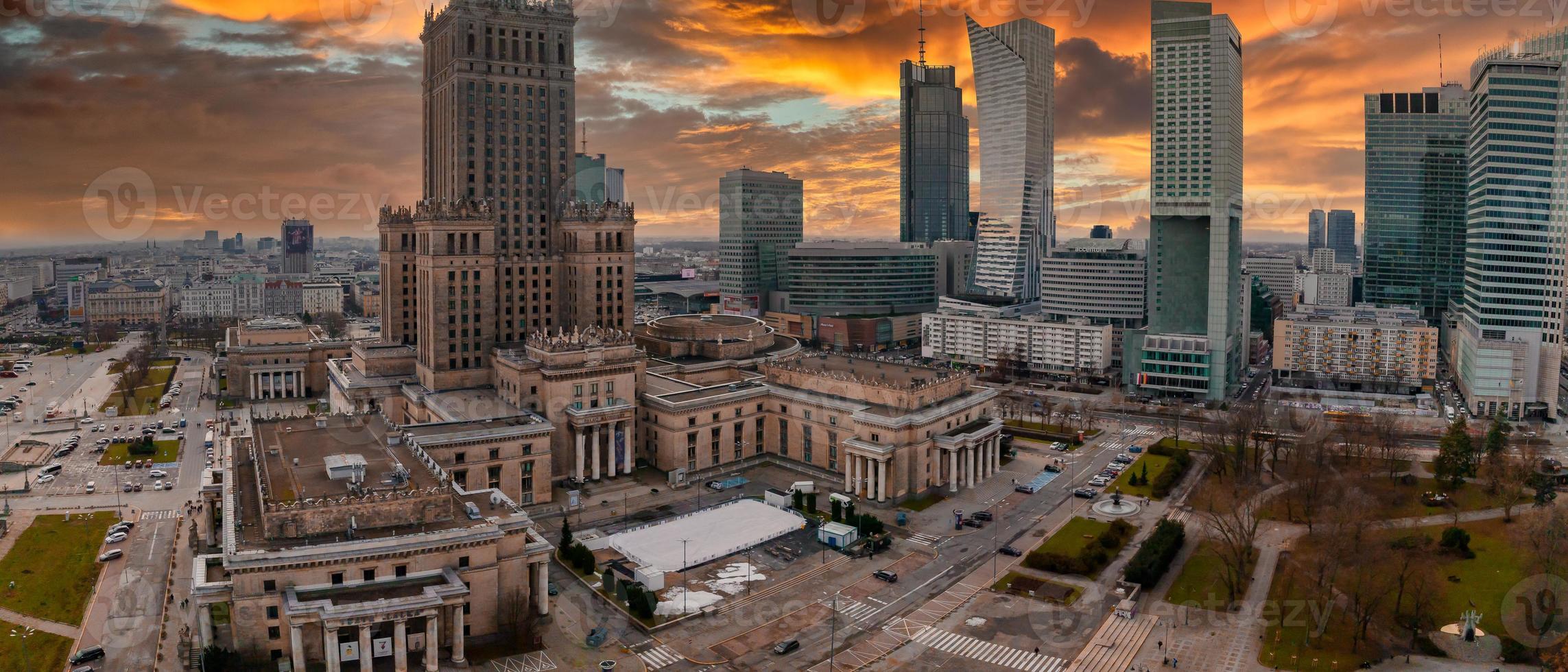 Aerial view of Palace of Culture and Science and downtown business skyscrapers in Warsaw photo
