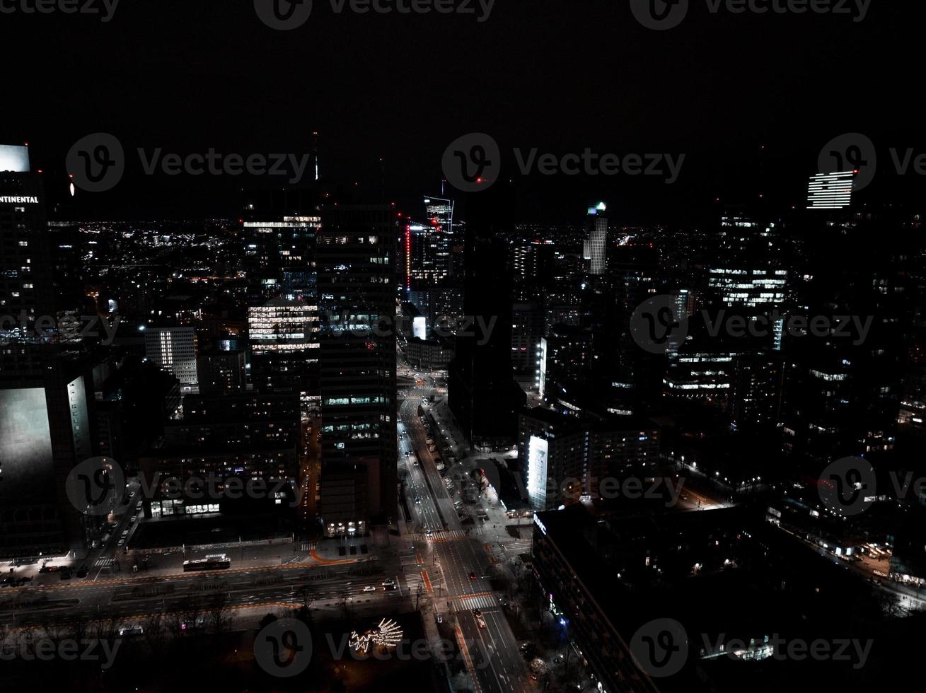 Aerial night view of the downtown of Warsaw, Poland. photo