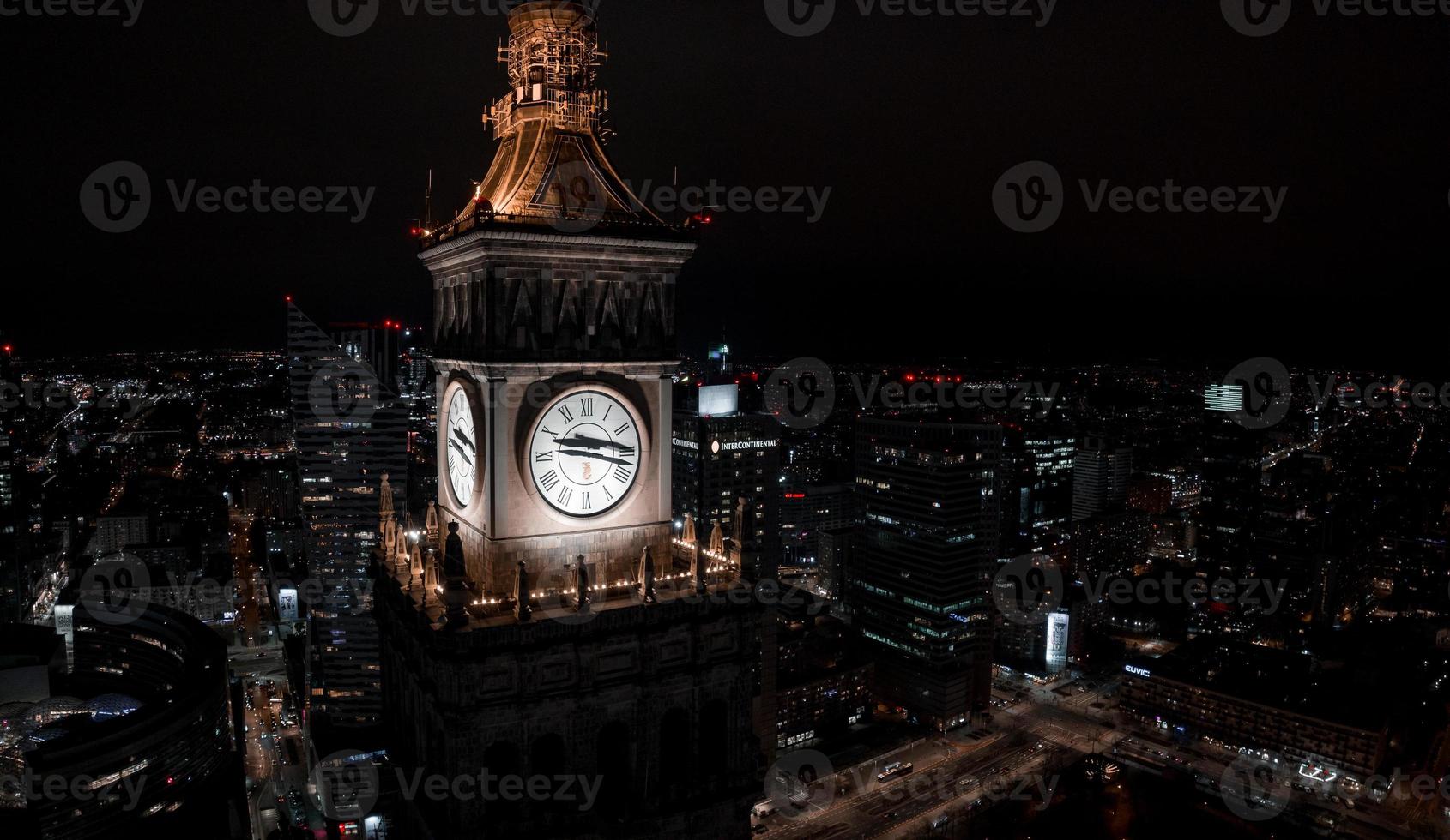 Aerial night view of the Palace of Culture and Science photo