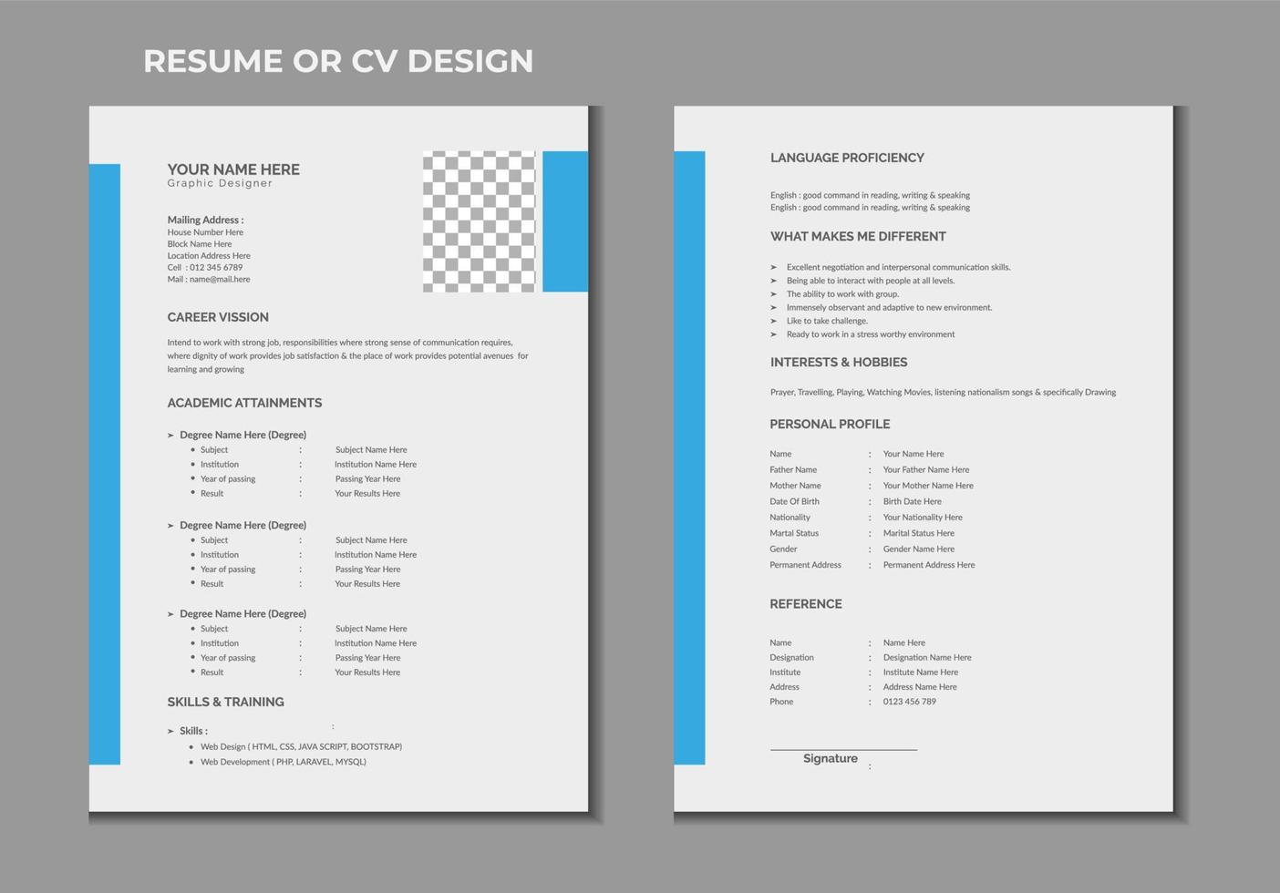 curriculum vitae corporativo de 2 páginas o diseño de plantilla cv vector