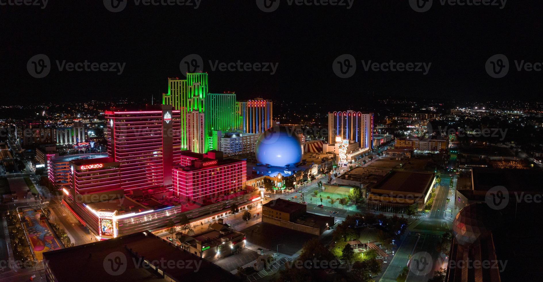 Aerial view of the skyline of Reno Nevada USA at night. photo